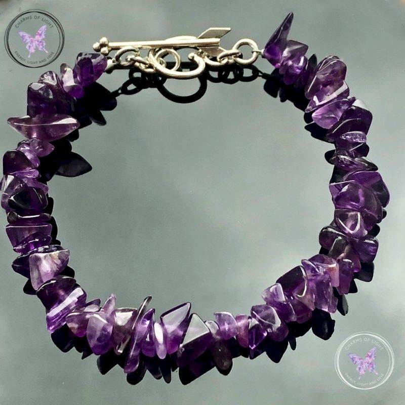 Amethyst Chip Bracelet with Silver Heart Toggle Clasp